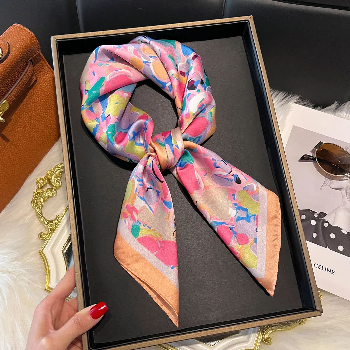 New Luxury Fashion Print 70*70cm Silk Square Scarf Women Soft Satin Hairband Neckerchief Tie Female Headband Foulard Bag Ribbon