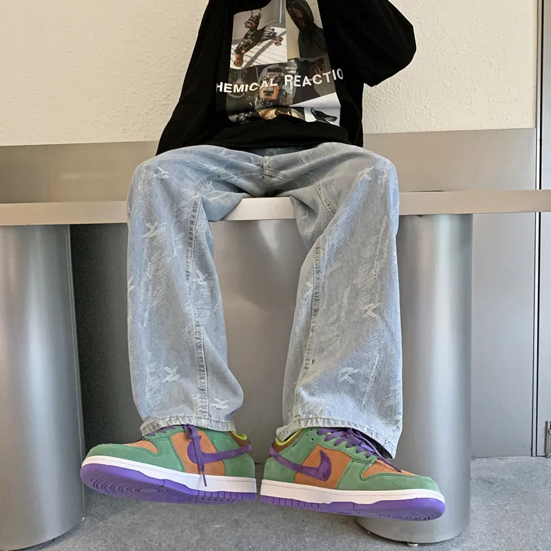 

Женские и мужские джинсы светильник, весенне-осенние прямые повседневные брюки черного планктона, уличные длинные брюки с принтом в портовом стиле