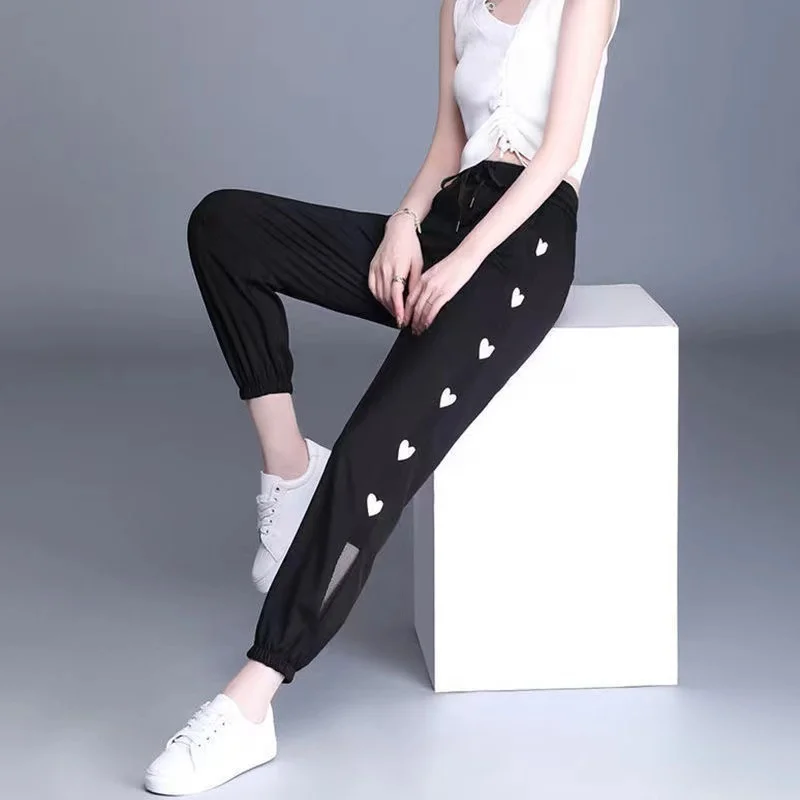 Women's 2024 Mesh Summer New Thin Elastic High Waist Panel Pocket Ice Silk Casual Conditioning Quick Drying Harlan Sports Pants