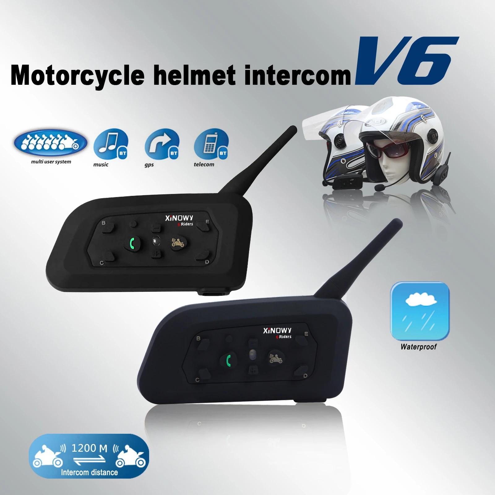 

V6 PRO Motorcycle Intercom Bluetooth Wireless Helmet Headset Waterproof Communicator for 6 Riders 1200M Distance BT Interphone