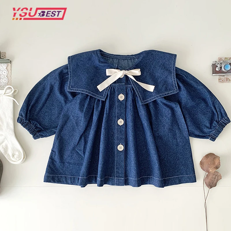 

Осенняя джинсовая куртка для маленьких девочек, детское джинсовое пальто с синим воротником, верхняя одежда для маленьких принцесс, Весенняя детская одежда