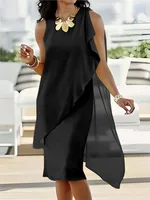 Summer Elegant Irregular Chiffon Sleeveless Midi Dresses Women Fashion Casual Solid O-neck Loose Dress Office Ladies Party Dress