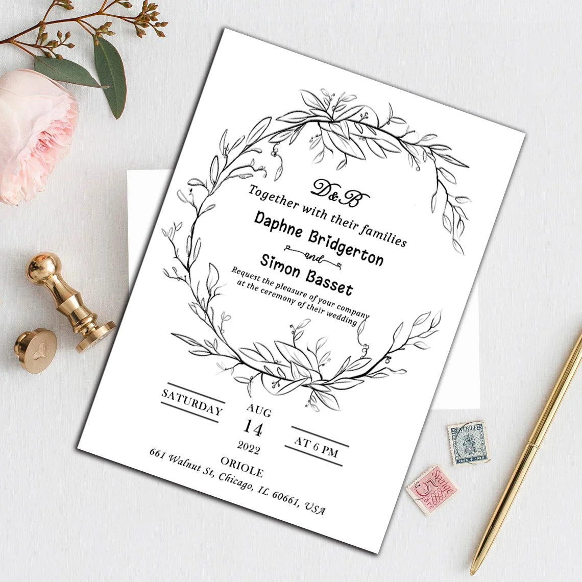 Floral Monogram Wedding Invitation, Photo Card