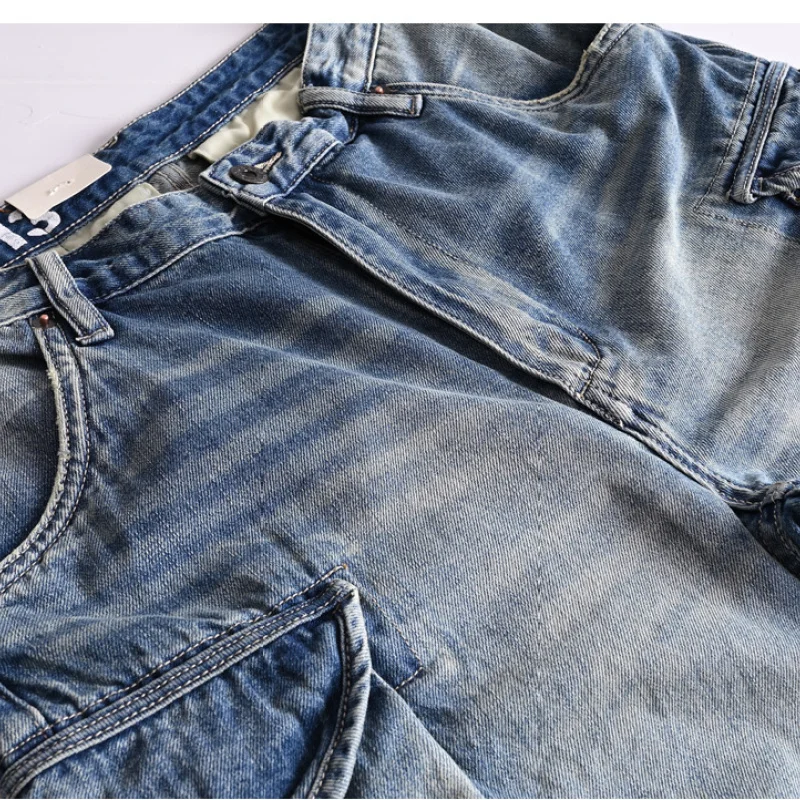 Vintage cotton to do old system cargo multi-bag loose denim shorts men's wash American casual quarter pants trend