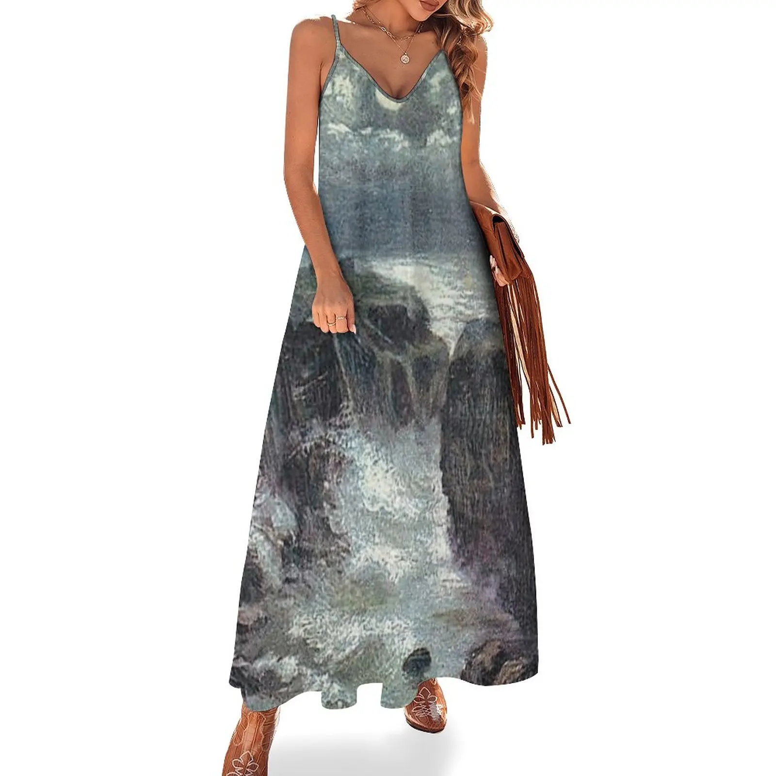 

New Vintage Illustration of Moonlit Castle Sinclair, Girnigoe, Caithness Sleeveless Dress Long dress Casual dresses