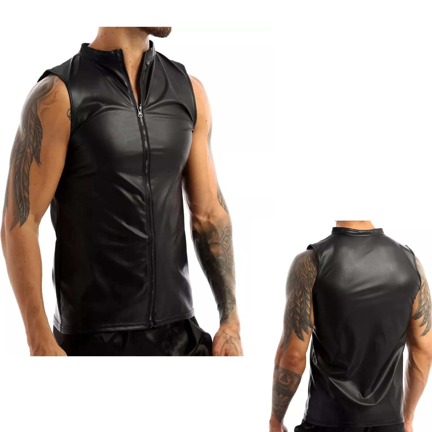 

Nightclub Stage Show Mens Sexy Soft Leather Sleeveless Shirts Erotic Shaping Sheath Stretch Tank Tops Male Shiny Leather