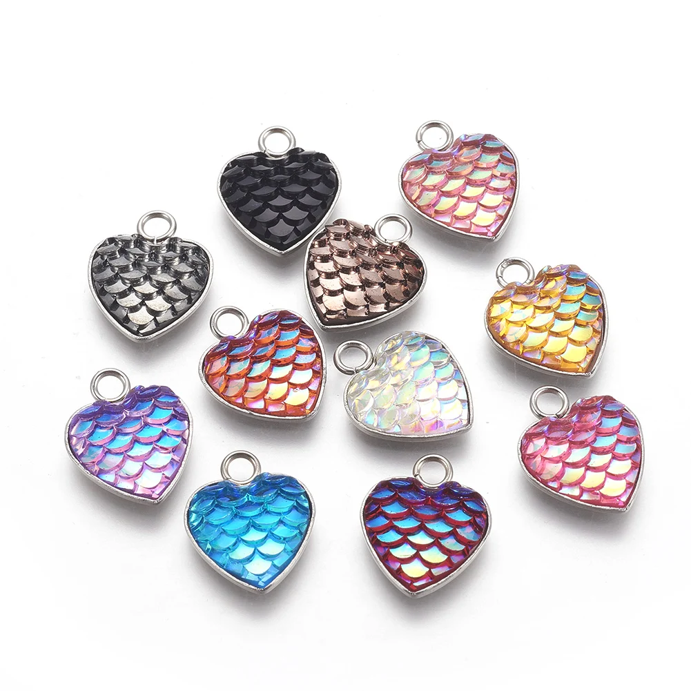 

30pcs Resin Mermaid Fish Scale Heart Charms 304 Stainless Steel Pendants for Necklace Earrings DIY Jewelry Making