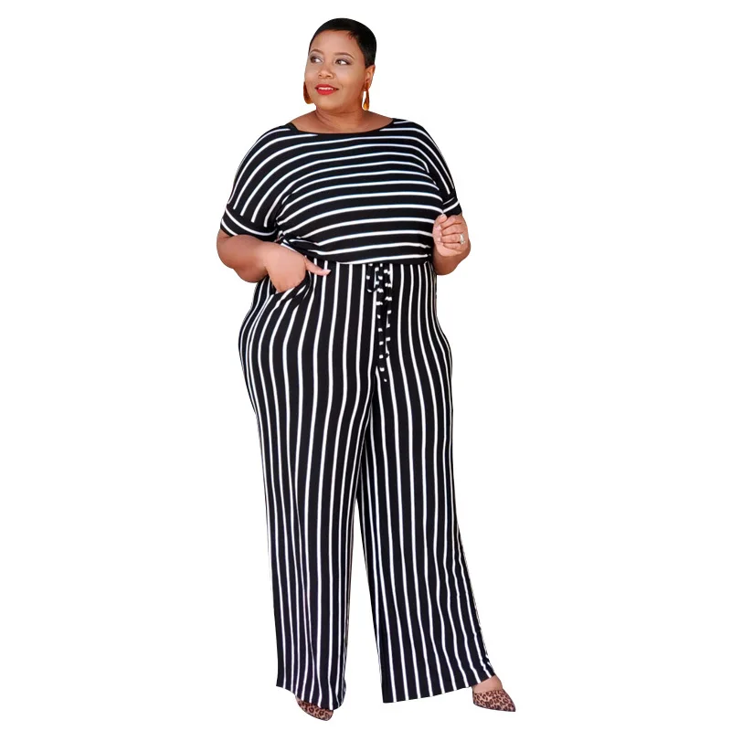 Plus Size Women Jumpsuit Summer Striped One Piece Outfit 2022 Fashion Loose Wide Leg Pant Lady Tracksuit Sexy Clothing
