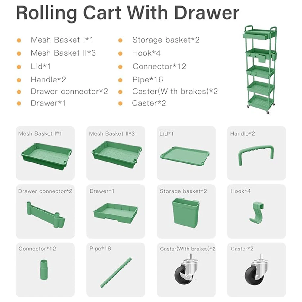 5 Tier Rolling Utility Cart with Drawer, Cart Made of Multifunctional Storage Organizer Tool for Kitchen,Bathroom,Living Room