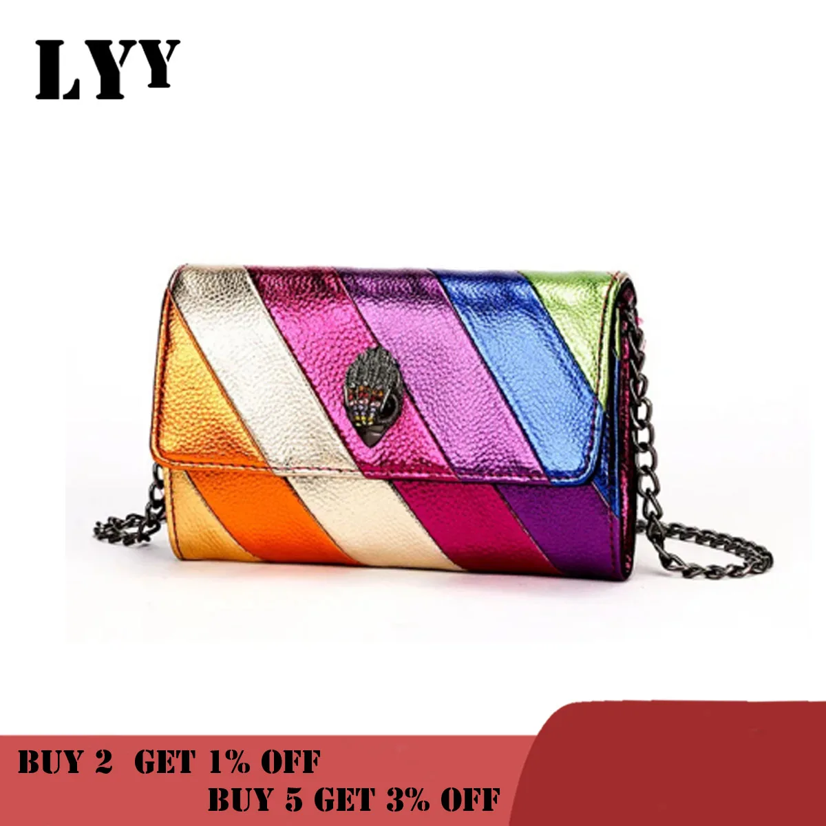 

Kurt G Luxury Clutch Bag Multi Colorful Patchwork Handbag Elegant And Stylish Dinner Mini Bag Metallic Chain Jointing Purse