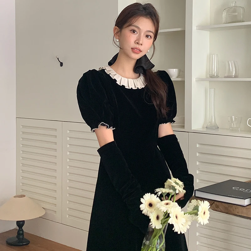 

Korean Fashion Black Velvet Long Dress Women Spring Autumn Ruffles Dresses Vintage Party Elegant Vestidos