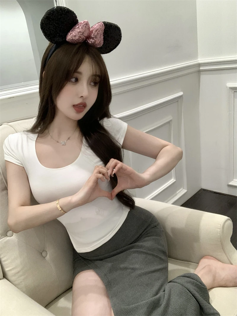 Summer Korean Fashion Y2K T-shirt Woman Japane Crop Top U-neck Split Sexy Red Pink White Tee Shirt Women Vintage767_voghion.com