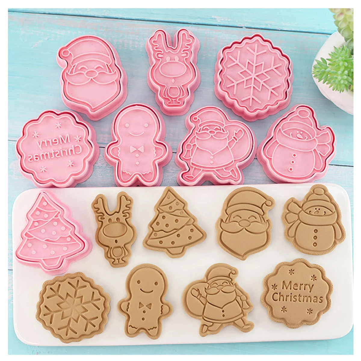 Cookie Cutter 8 Pieces Christmas Santa Claus Biscuit Mold Plastic Cookie Stamp Confectionery Kitchen Baking Pastry Tools