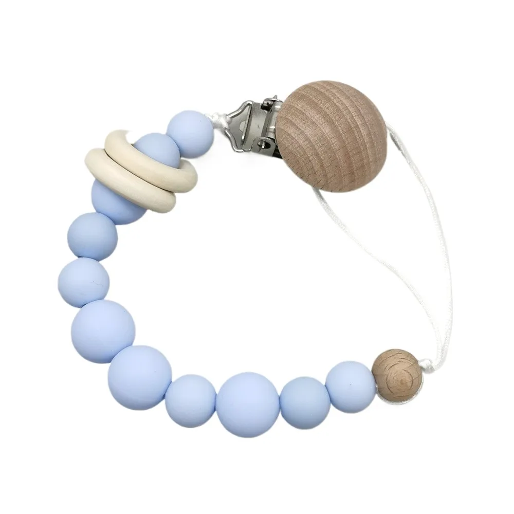 Silicone Beads Pacifier Clip with Wooden Ring Baby Dummy Holder Leash Pacifier Chain Anti-Lost Soother Accessory for Infants