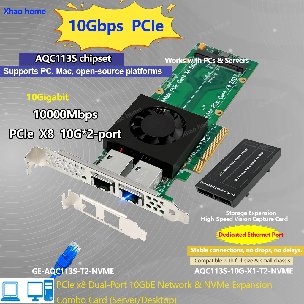 AQC113S 듀얼 포트 RJ45 PCIe x1 네트워크 카드용 - Win/Linux용 NAS/서버/게임 비전 캡처용 2x 10GBPS 이더넷 어댑터