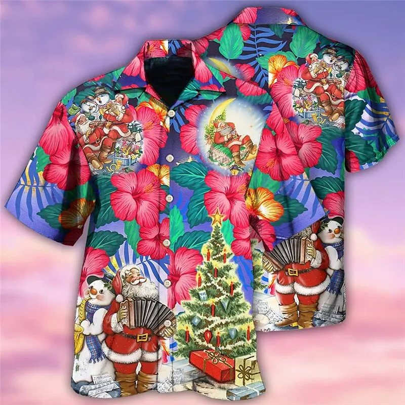Christmas Men's Hawaii Short Sleeve 3D Printing Tops Santa Claus Party Beachwear Camping Vacation Apparel casual short sleeved shirt short sleeved shirt hawaiian shirt