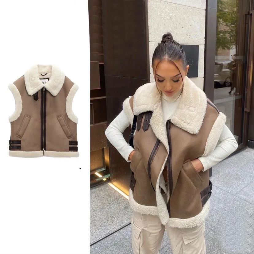 

2023 Women Fashion Faux Leather Vest Jacket Zipper Fly Sleeveless Waistcoat Coats Autumn Woman Vintage Warm Outerwear