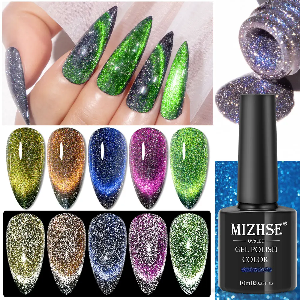 MIZHSE 10ml Reflective Cat Eye Gel Nail Polish Glitter Holographic Laser UV/LED Gel Varnish Semi-permanent Magnetic Nail Gel Art 10g bag laser chunky glitter sequins holographic hexagon shape sparkly nail art flakes mixed size 3d decoration gel accossories