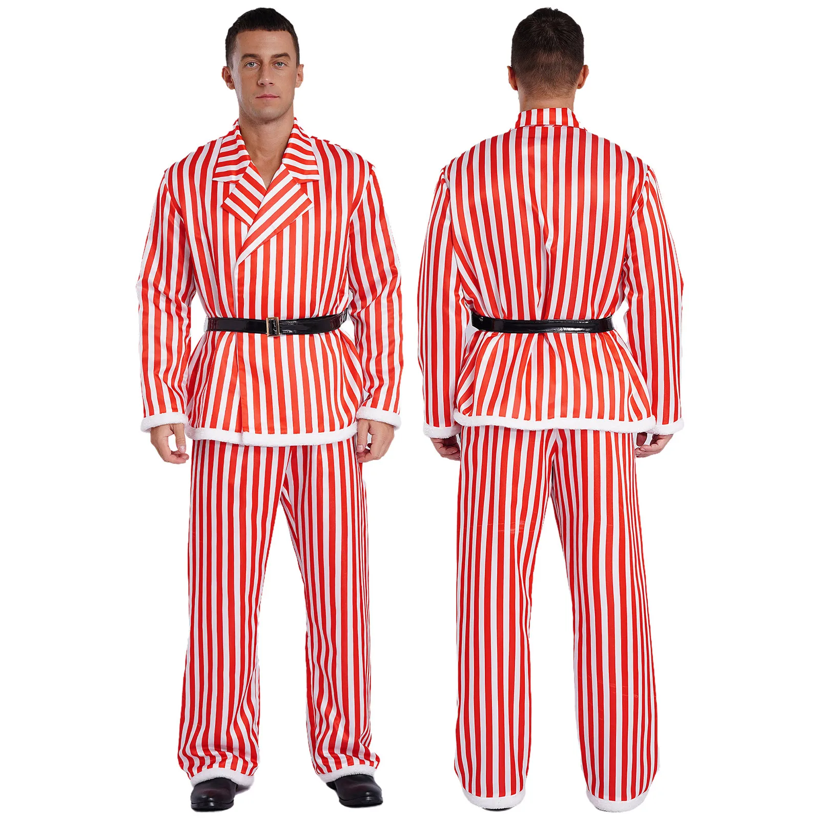 thumbnail image 1 of Chaqueta a rayas de Cosplay de Papá Noel para hombre, abrigo con cinturón, solapa con muescas y doble botonadura, chaquetas con adornos borrosos, prendas de vestir exteriores, 1 of 5
