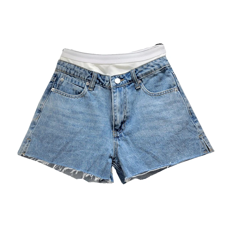 Frayed Fake Two Pieces Leisure High Waist Super Short Shorts for Women 2024 Summer New Color Contrast Patchwork Denim Hot Pants