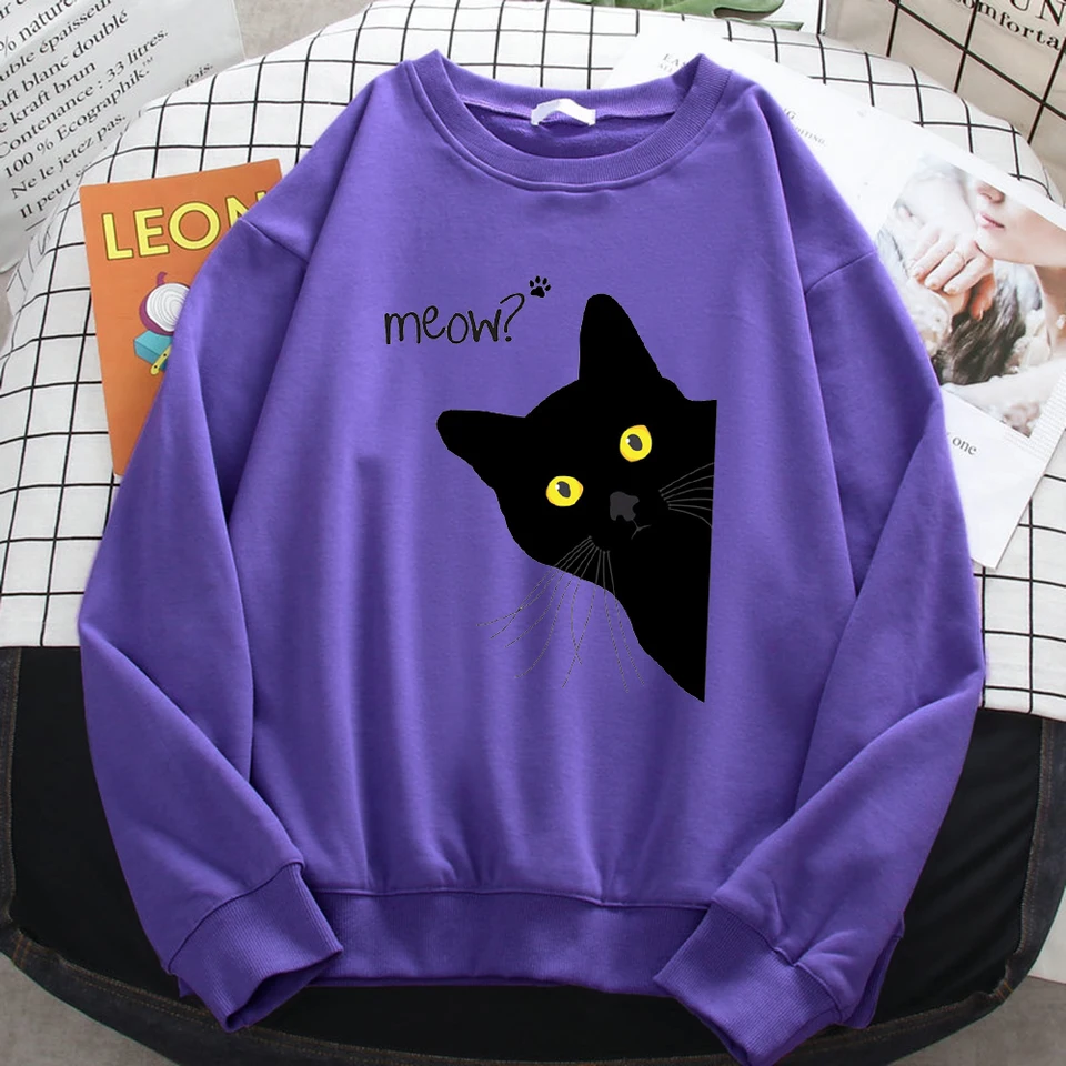 Winter Harajuku Woman Sweatshirt Meow Black Cat Printing Hoodies