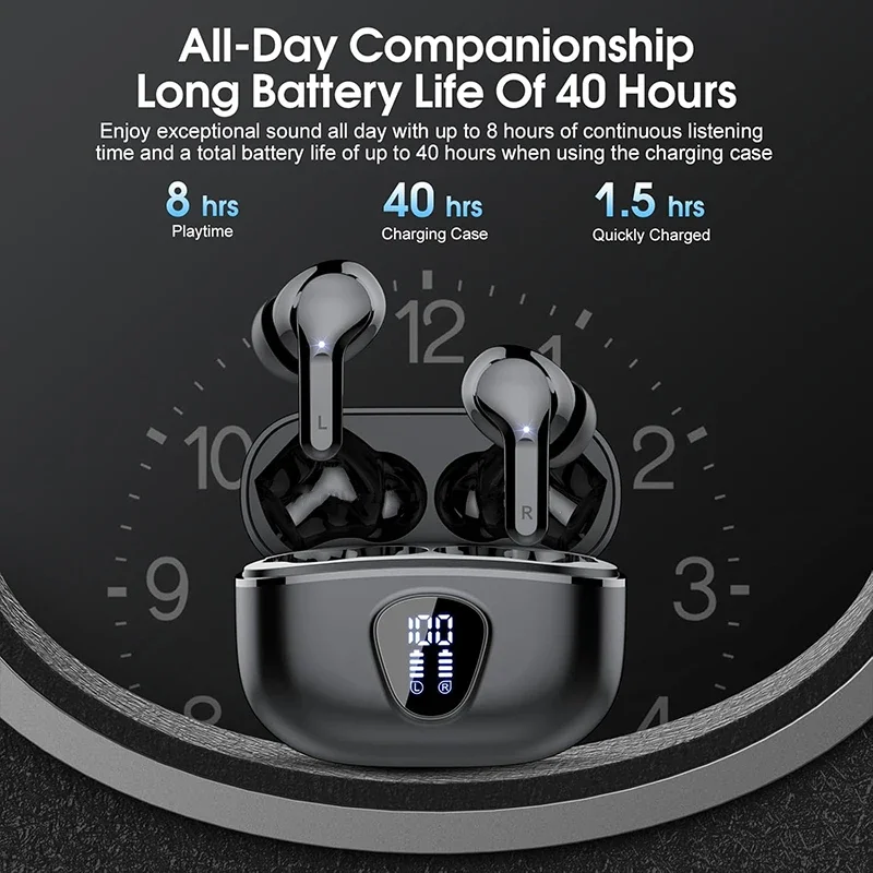 Wireless Earbuds with LED Display, HiFi Stereo Sound & 48-Hour Playtime, Noise-Cancelling & Water-Resistant
