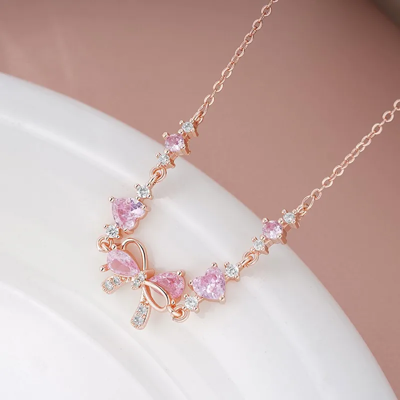 Gorgeous Pink Cubic Zirconia Bowknot Pendant Necklace for Women Fashion Elegant Choker Neck Chain Party Jewelry Gifts