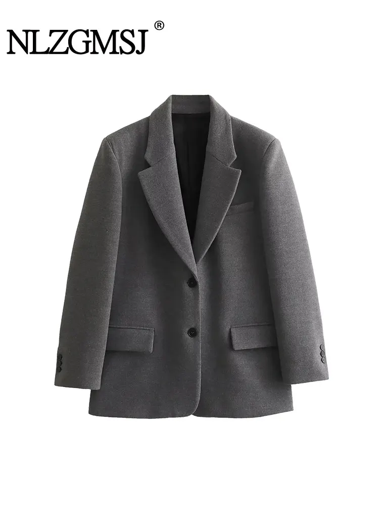 

TRAF 2024 Autumn Women Shoulder Pad Straight Blazer Jacket Coats Fashion Single Breasted Vintage Long Sleeve Casual Commute Tops
