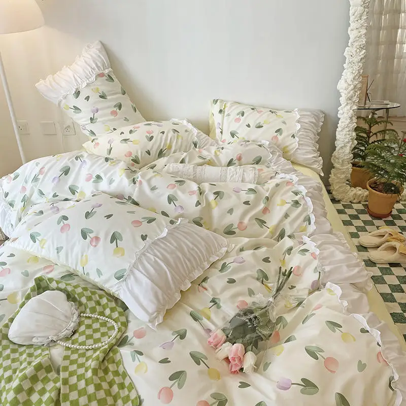 

Princess Floral Bedding Girls Ruffle Lace Duvet Cover Bed Sheet INS Quilt Cover Single Double Size Bed Linens Pillowcases