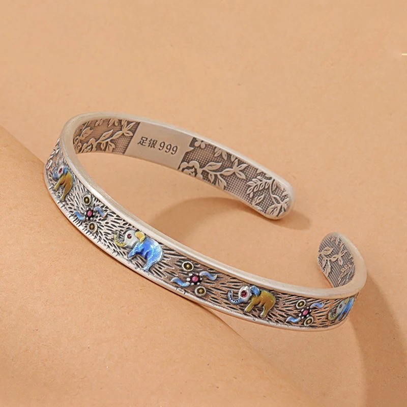 

Exquisite Open-End Silver Bracelet Jewelry Auspicious Elephant Picture Men Women Lovers Twist Armband Cuff Trend Retro Gift