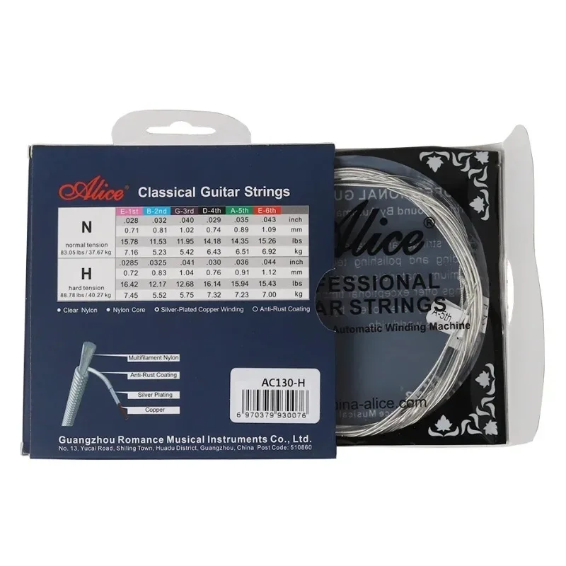 Alice AC130 Classical Guitar Strings -  Silver-  Plated  Copper  &  Nylon ,  High  Tension  6-Set  for  Rich  Resonance