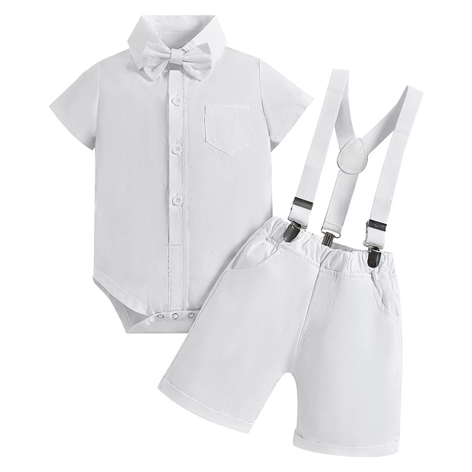 

3Pcs Baby Boys Clothes Gentleman Suit Short Sleeve Shirt Romper with Bowtie Suspender Shorts Set Birthday Wedding Party Outfit