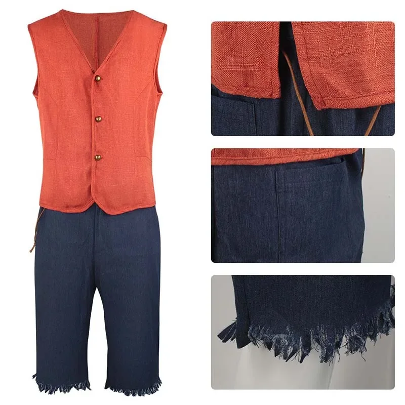 Anime Cosplay Movie D Luffy Classic Shirt Denim Pants Outfits with Straw Hat for Halloween Party Luffy Cosplay Costume