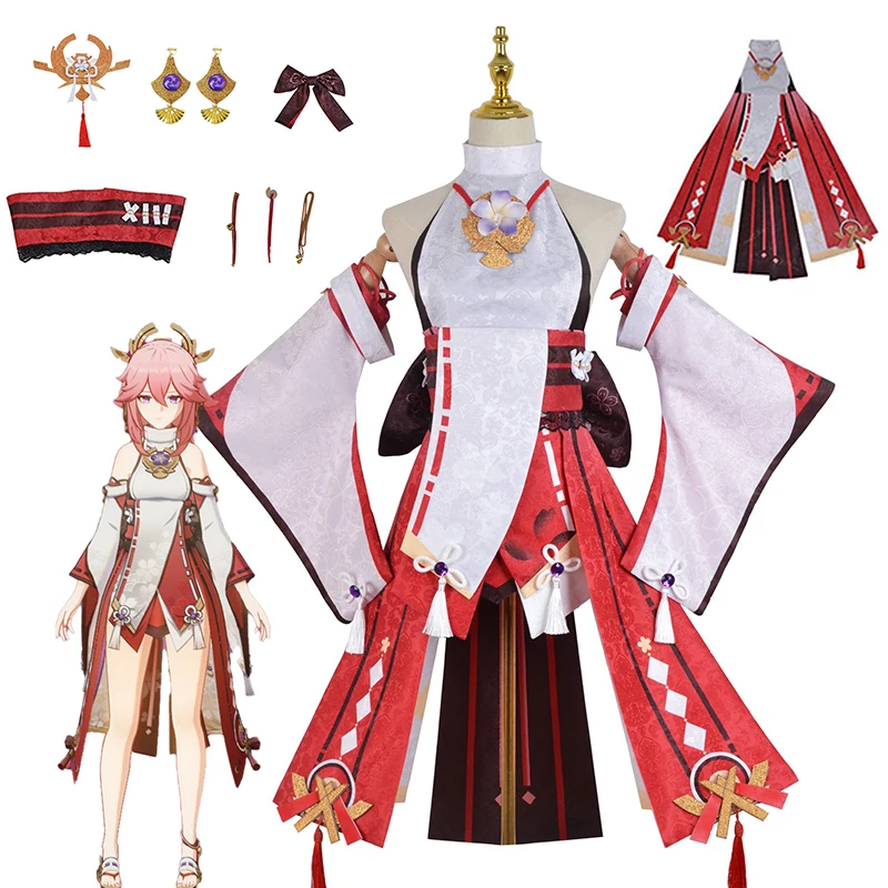 

Anime Jacquard Fabric Cosplay Genshin Impact Guuji Yae Full Set Yae Miko Cosplay Costume Earning Headwear Party Clothes