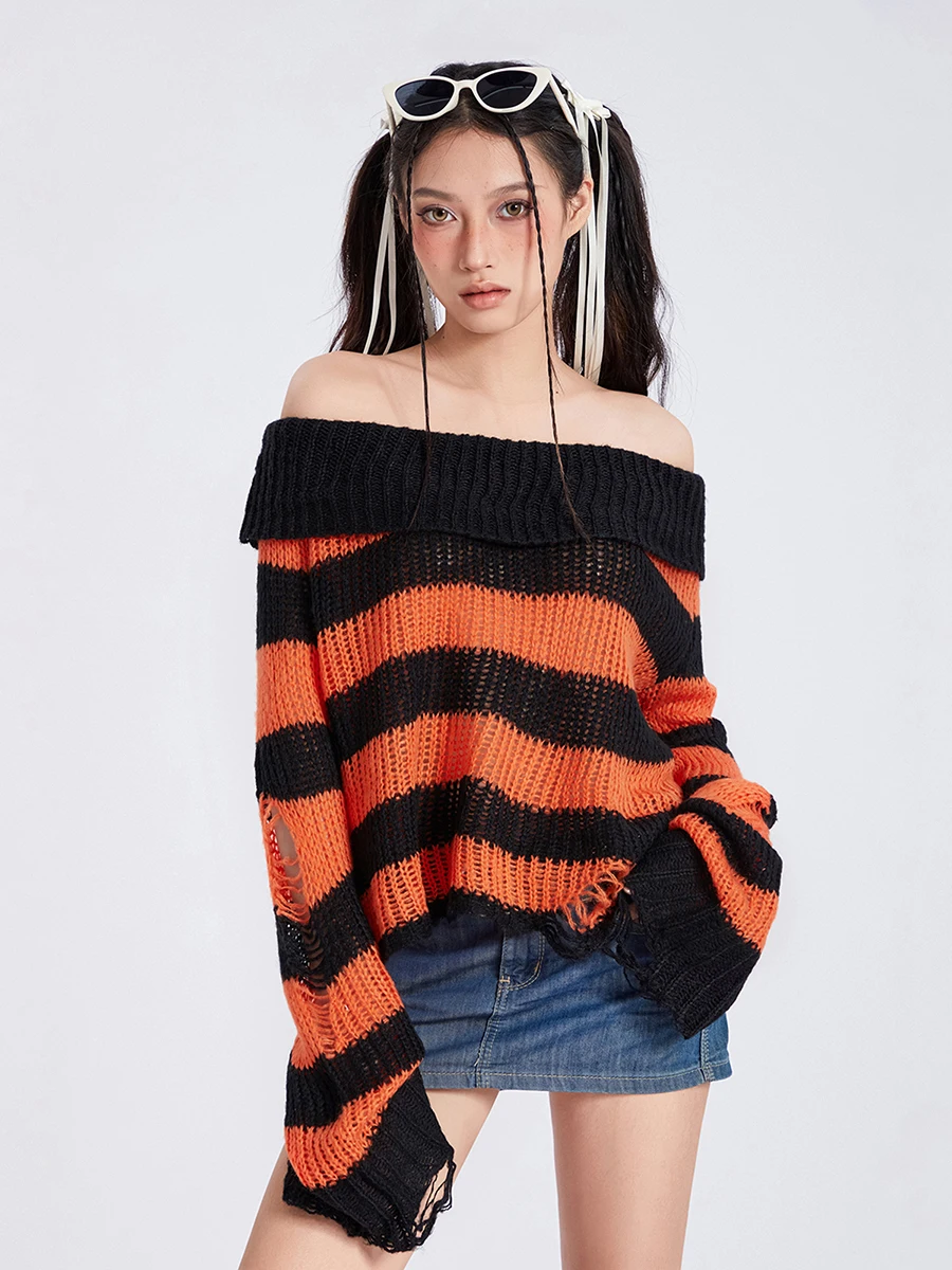 

Women s Off Shoulder Knit Tops Stripe Print Ripped Long Sleeve Loose Sweaters Gothic Punk Knitwear