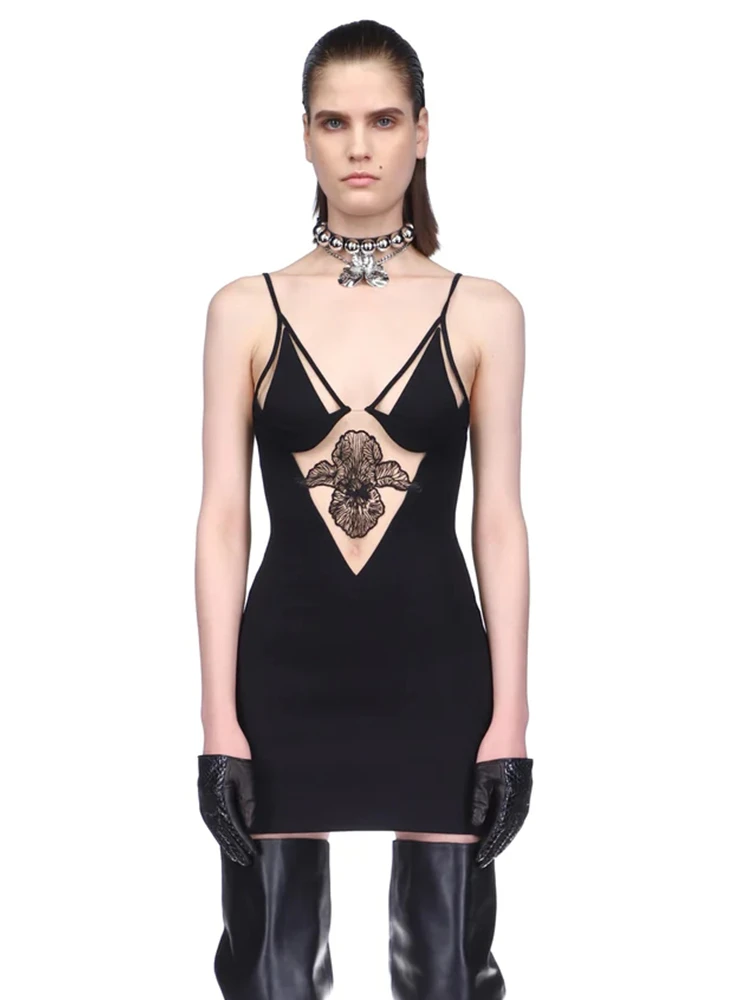 

Sexy Sleeveless V-neck Black Flower Hollow Mini Women Tight Bandage Dress 2023 Designer Fashion Evening Dress Vestido