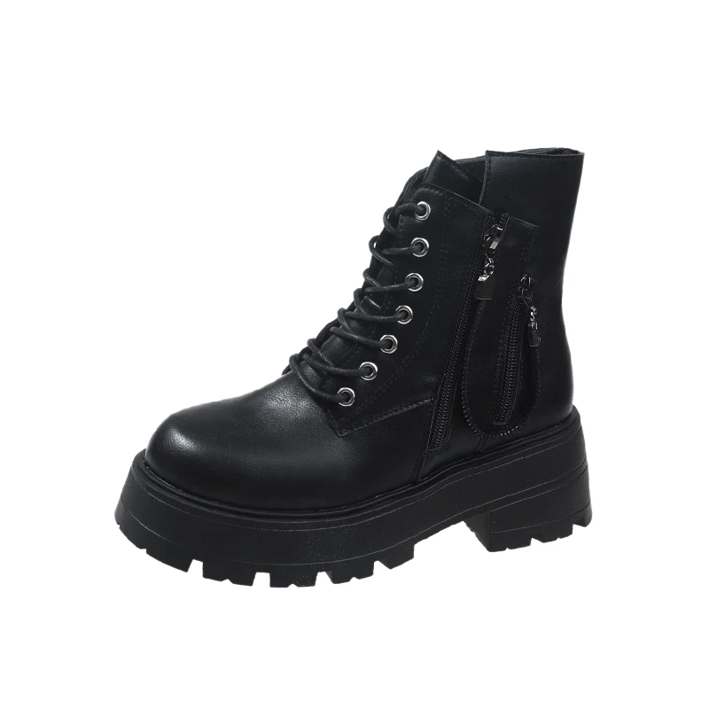 2023 PU Shoes for Women Platform Women's Boots Ankle Modern Boots Women Round Toe Lace Up Side Zip Fretwork Heel Ladies Shoes