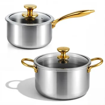 2 Pieces Titanium Cookware Set 7.68'' and 9.45'' Saucepans with Lids Triply Titanium No Coat Technology Safe for Oven Induction 1