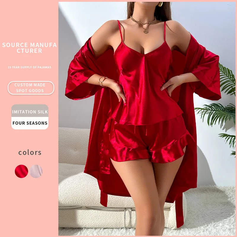 3PCS Women Pajamas Sexy Sling Shorts with Women Robe Satin Ice Silk Pure Color Sleepwear Bathrobe Bridesmaid Dressing Gown