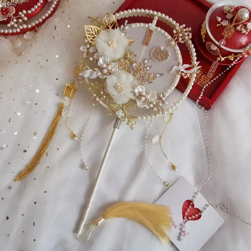 

Chinese Wedding Bride Fan Double-side Ring White Flower Decoration Handhold Fan Photography Props Custom Wedding Gift