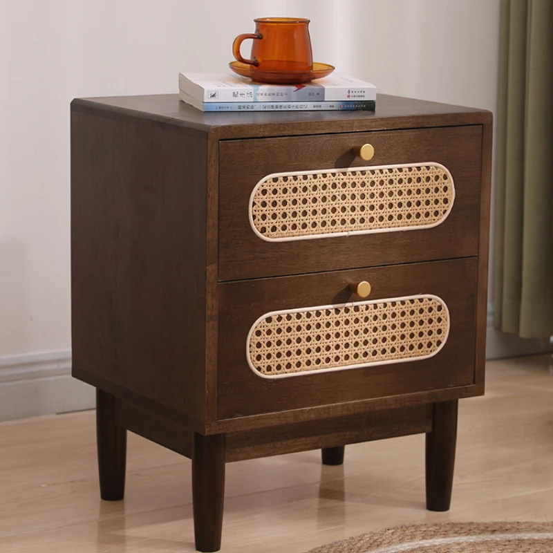 Nightstands Set of Bedside Table with Drawer and Shelf Handmade Rattan Decorated Doors Night Stands for Bedroom