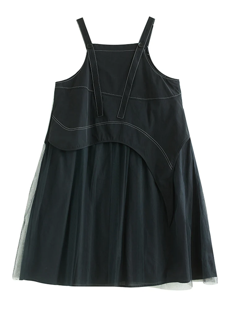 2025 Summer New Sleeveless Patchwork Mesh Strap Dresses For Women Black Vintage Loose Casual Long Dress Fashion Elegant Clothing