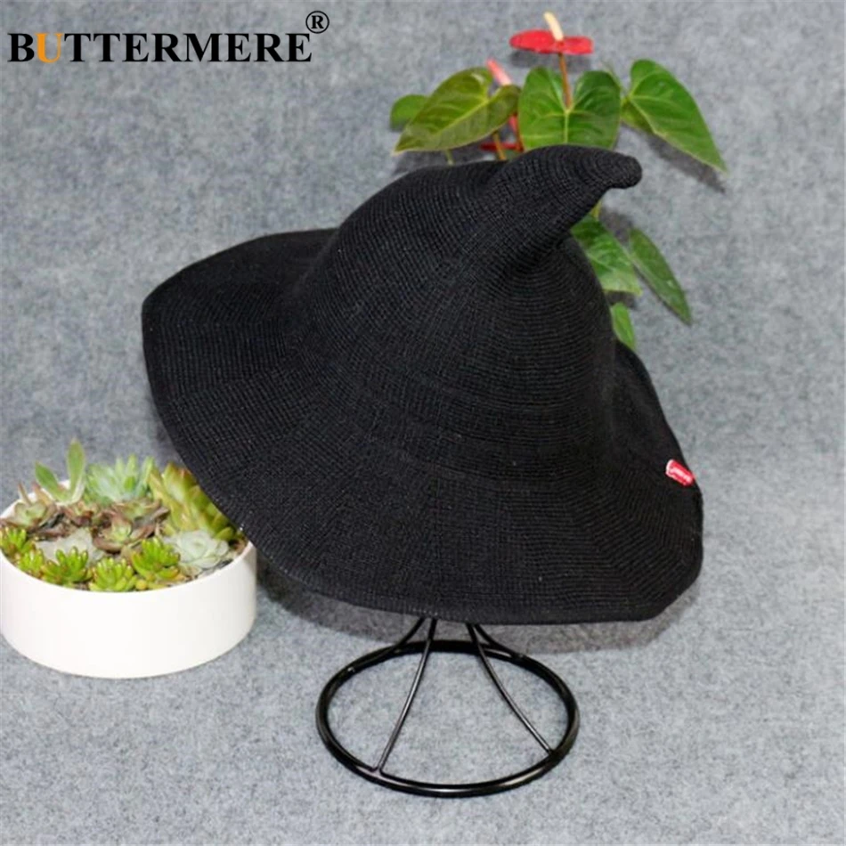 BUTTERMERE Women Witch Hat Knitting Bucket Hat Korean Ladies Wizard Hat  Wide Brim Female Fishing Hat Khaki Black Ray Pink Beige