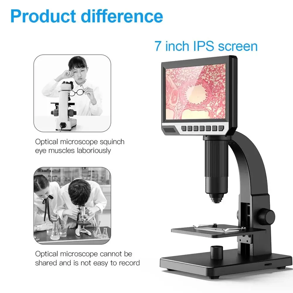 HD 7인치 IPS 디스플레이 디지털 현미경 500X 2000X USB 산업용 연속 증폭 돋보기(PCB, 세포, 곤충용)