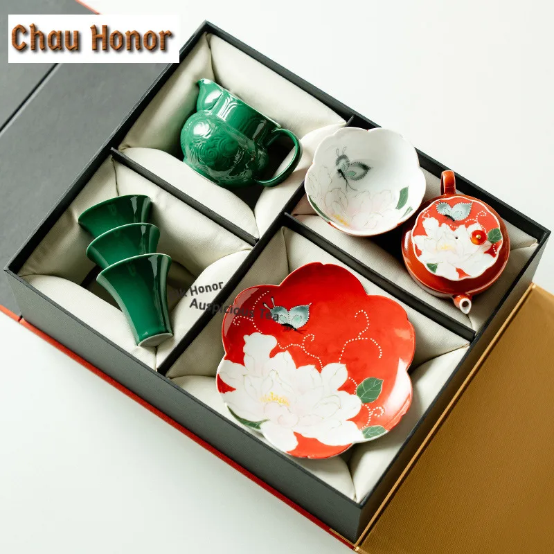 Hand-painted Butterfly Peony Red Tea Set Complete Set Tea Ceremony Set Tea Making Teapot And Tea Cup Set Teaset Decoration Gifts