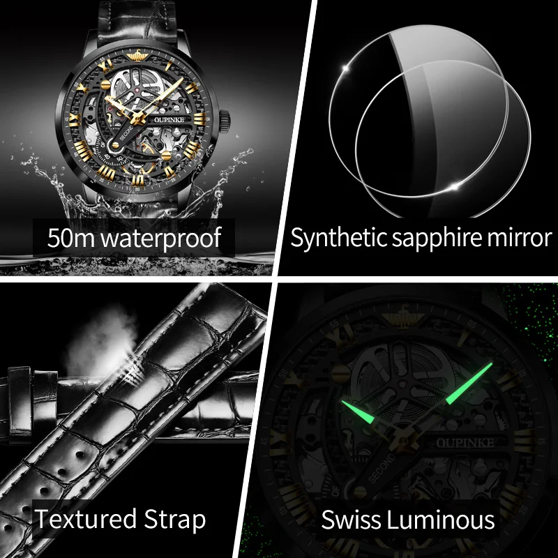 OUPINKE 3173 Swiss Brand Automatic Mechanical Watch For Men Skeleton Flywheel Luxury Man Watches 50M Waterproof Dress Hand Clock