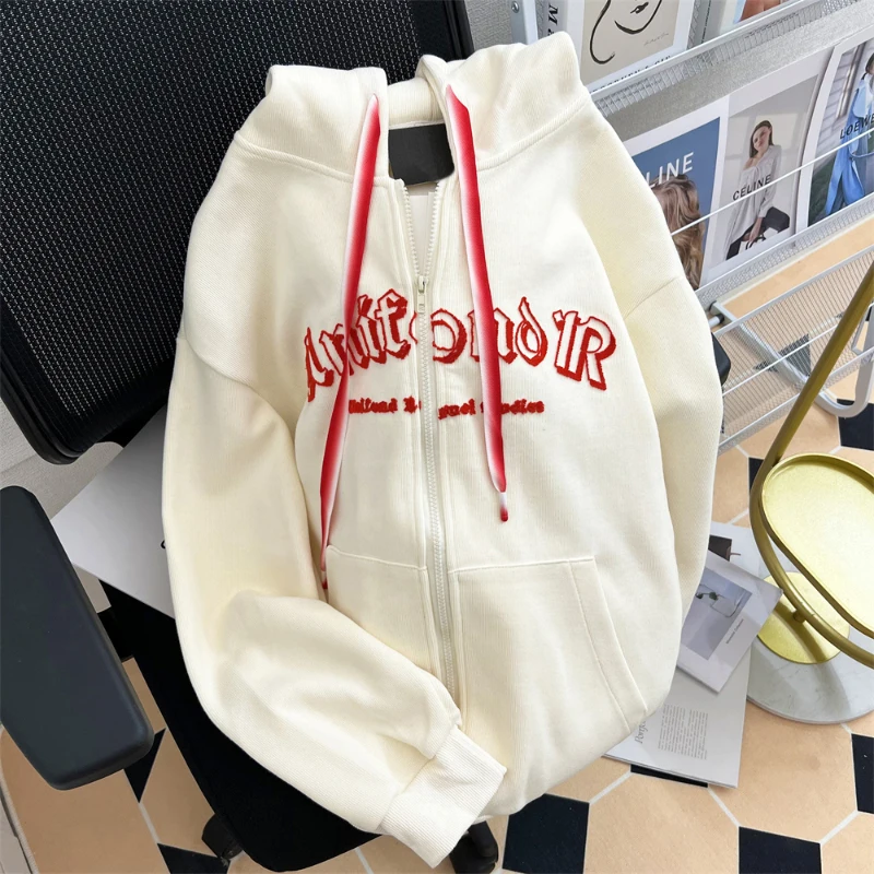 

Korean Style Loose Hooded Hoodies Women's Gradient Drawstring Letter Embroidery Outerwear Casual All-Matched Trend Cardigans