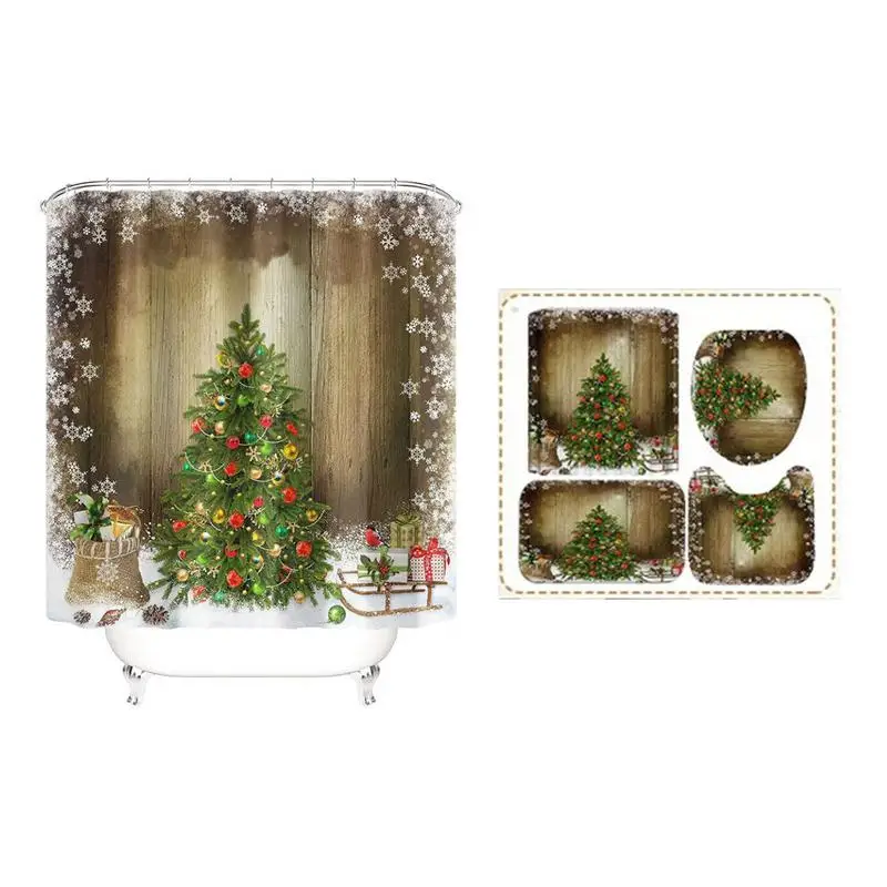 

Christmas Shower Curtain Set 4 Pieces Waterproof Fabric Curtain U Shape Mat With 12 Strong Hooks Waterproof Bathroom Accessories