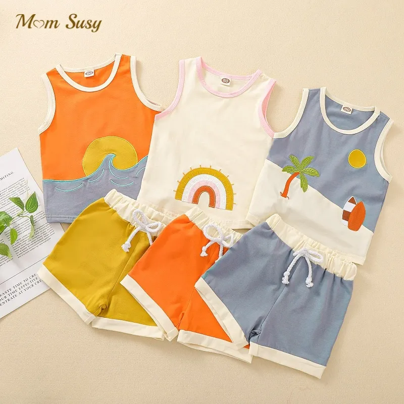 

Baby Boy Girl Cotton Embroidery Clothes Set Vest Tshirt+Shorts 2PCS Summer Infant Toddler Tracksuit Sleeveless Baby Clothes 1-5Y