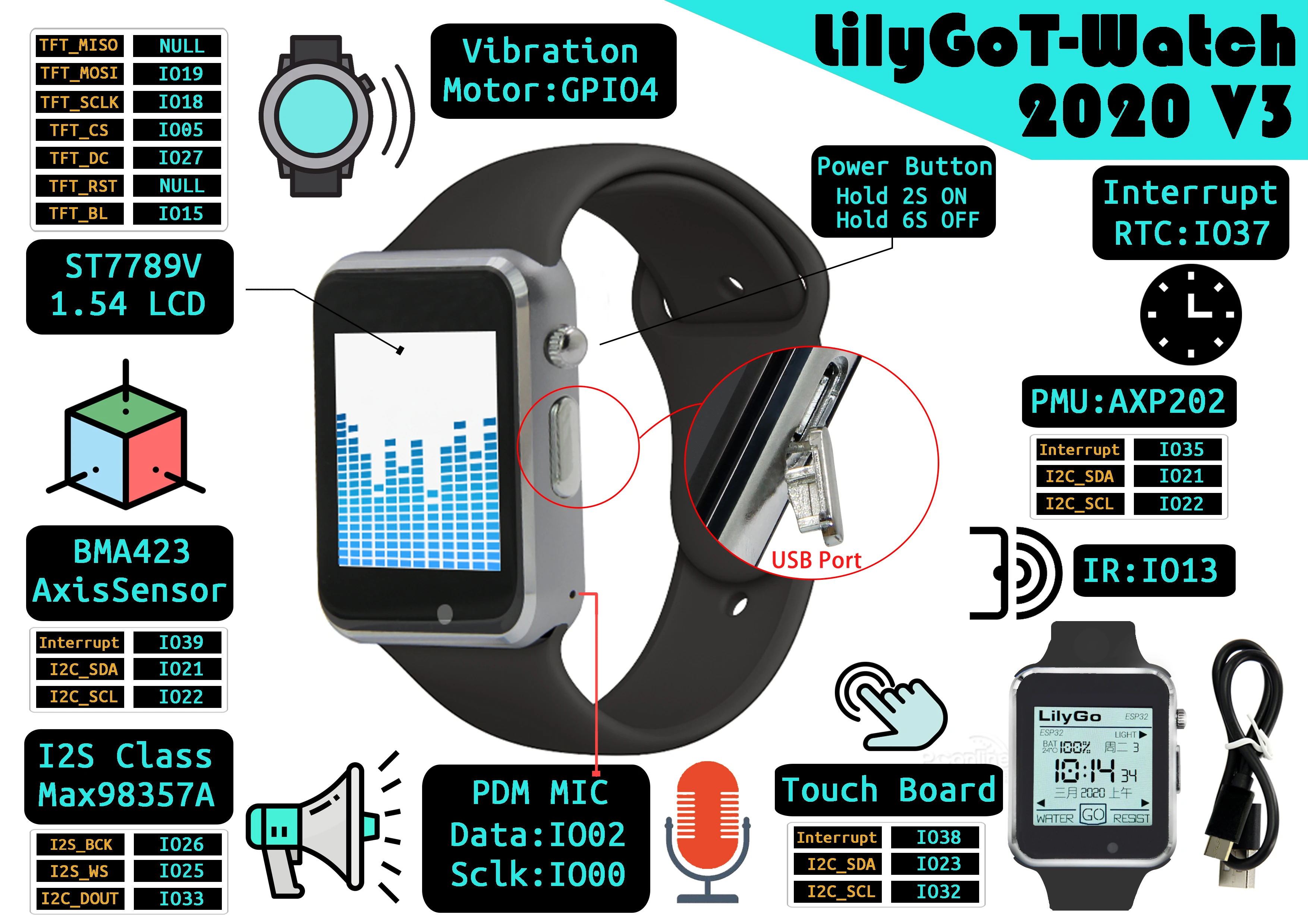 Lilygo® Ttgo T-ver 2023 v3 Esp32 Programável Assista Microfone Ips Tocável com Wifi Bluetooth Vibração Motor Alto-falante - Image 6